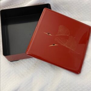 Vintage Japanese Red Lacquer Box - Gold Crane Motif - Footed Base